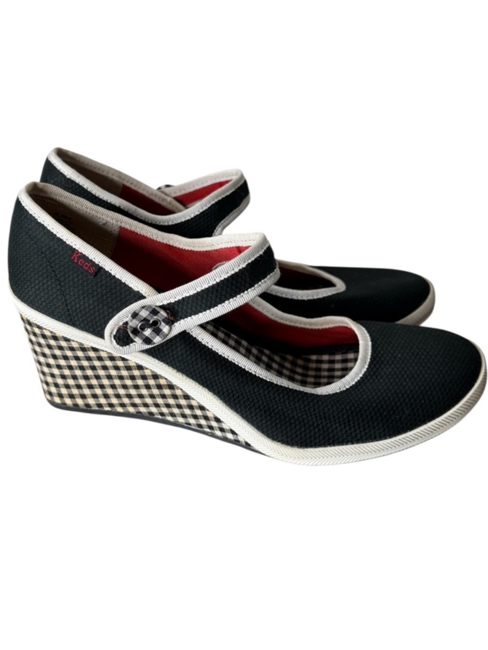 KEDS Mary Jane Gingham Wedge Shoes Strap Button Retro Black White Size 8.5